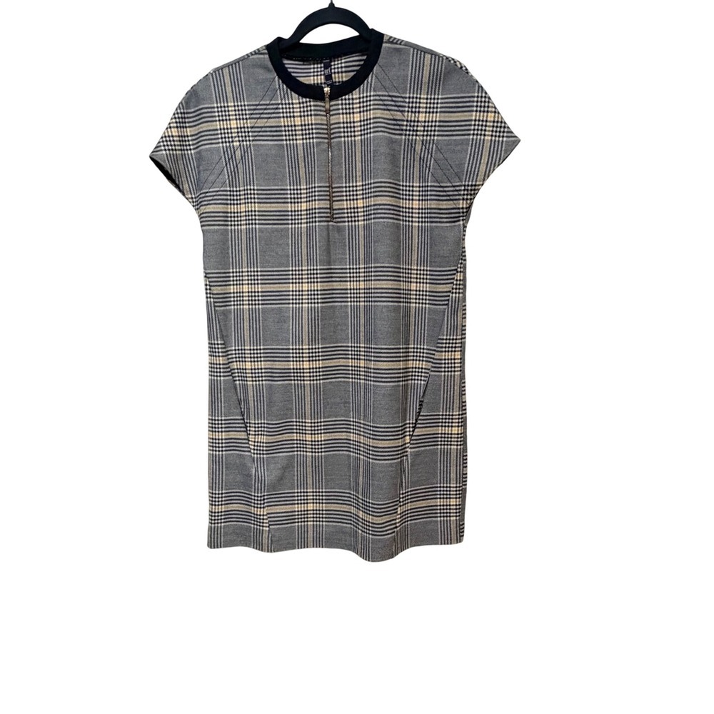 Zara TRF Glen Plaid Half Zip Shift Dress Grey Yellow Women XS Pockets Cap Sleeve
